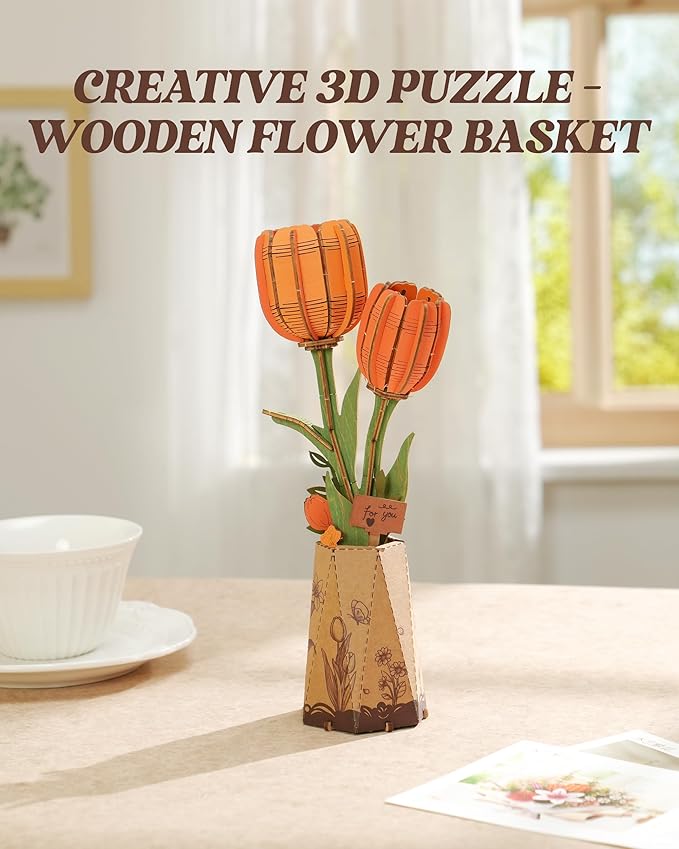 rowood Wooden Flower,DIY Artifical Flower Building Set Craft Kit for Adults,Mother's Day/Valentine's Day for Mom/Women/Grandma-Orange Tulip