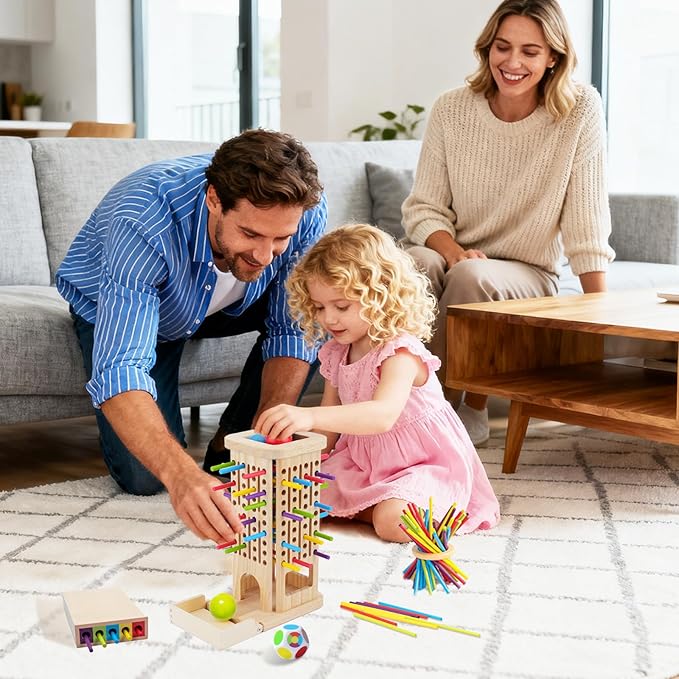 Apeso Montessori Game Wooden Board Games, 3-in-1 Colorful Sticks Dice Game Math Game Fine Motor Skills Toys for 3 4 5 6 Years Old, Educational Learning Gifts for Kids Family Travel Games