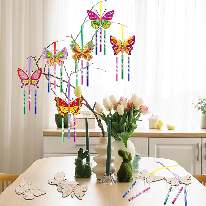 JellyArch 30 Pack Butterfly Wind Chime Making Kit for Kids Make Your Own Wind Chime Butterfly Wooden Crafts Ornaments for Girls Boys DIY Activity Birthday Spring Summer Decoration
