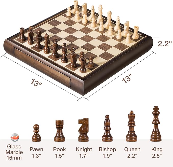 2 in 1 Magnetic Chess Set & Chinese Checkers 13" Wooden Board Game with Storage Drawer and 60 Glass Marbles + Bonus 12 Spare & 2 Extra Queens,for Kids and Adults