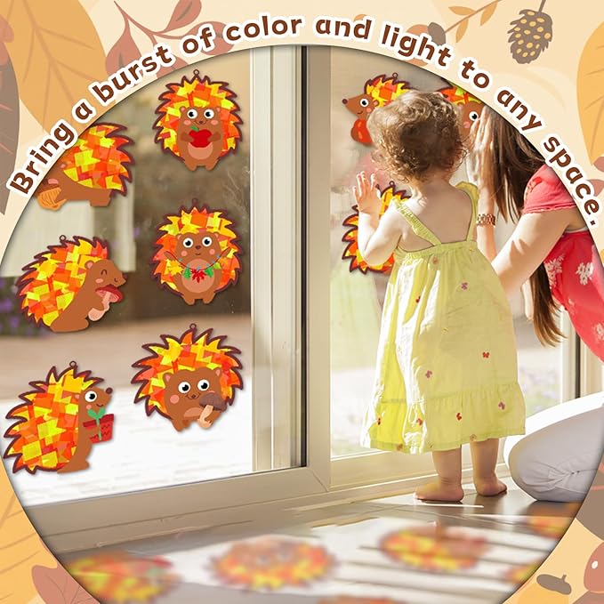 QOUBAI 32 Sets Hedgehog Suncatchers Craft Kit DIY Window Stained Glass Effect Thanksgiving Hedgehog Paper Crafts Home School Classroom Decoration Kid Birthday Gift Creative Art Project Activity Game