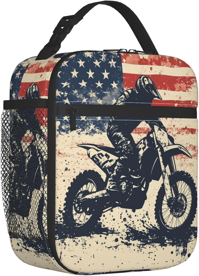 Dirt Bike Lunch Bag for Women Men Adults, Insulated Lunch Box for Work, Sports, Travel, Picnic,Hiking, Fishing, Motocross American Flag Theme Lunchbox Gifts