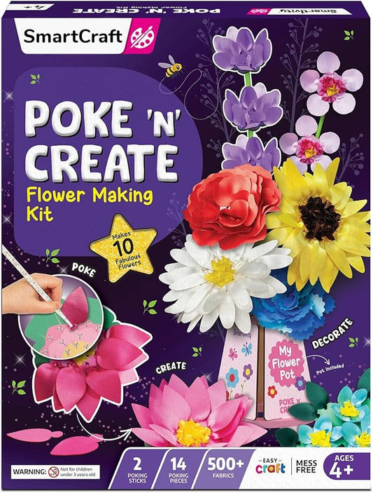 SmartCraft Art & Craft Kit - Poke Art Flower Making Kit for Kids Ages 4, 5, 6, 7, 8, 9, 10 Years Old, Create 8 Beautiful Flowers with Pot, Creative Birthday Gift for Girls & Boys, DIY Fun Activity Kit