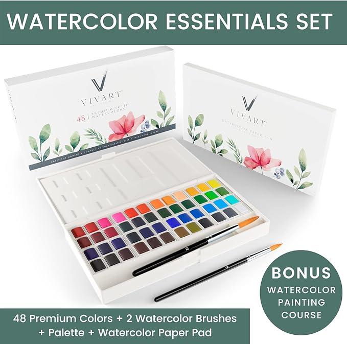 remium 48‑Color Watercolor Set for Adults & Beginners – 48 Vivid Half‑Pans, 2 Artist‑Grade Brushes (Sizes 8 & 12), 20‑Sheet 300 gsm Cold‑Press Paper Pad & Step‑by‑Step e‑Course