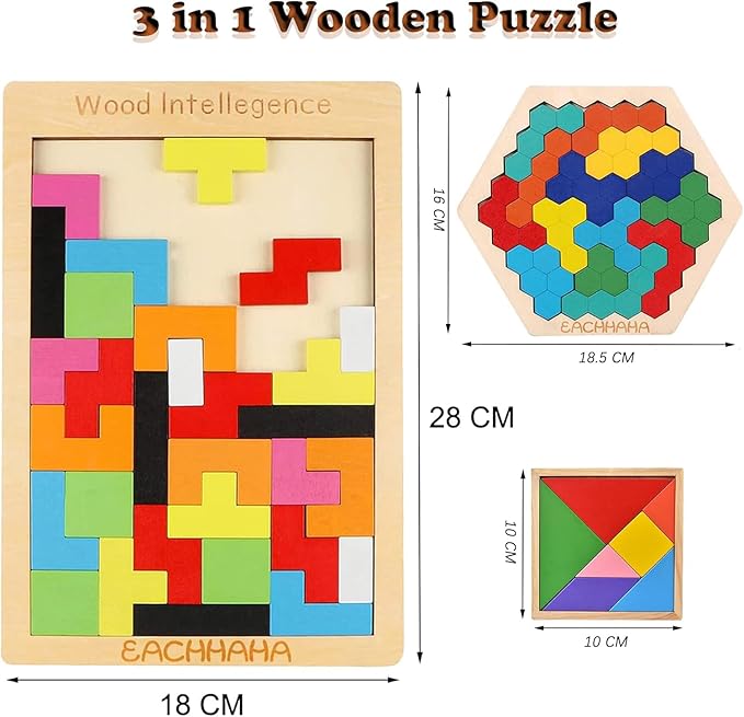 3-in-1 Wooden Blocks Puzzle Set,Hexagon Wooden Puzzle + Wood Russian Blocks + Tangram Puzzle for Kids,Intelligence Brain Teasers Toy STEM Educational Gift for Children(with Storage Bag)