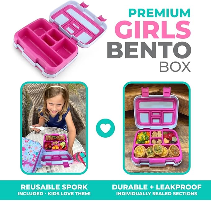 Bento Lunch Box with Stainless Steel Thermo, Matching Insulated Lunch Bag and Ice Pack Set for Girls, Kids, 5 Divided Compartments, Snack Container for Toddler Daycare, Pink Fairy Princess