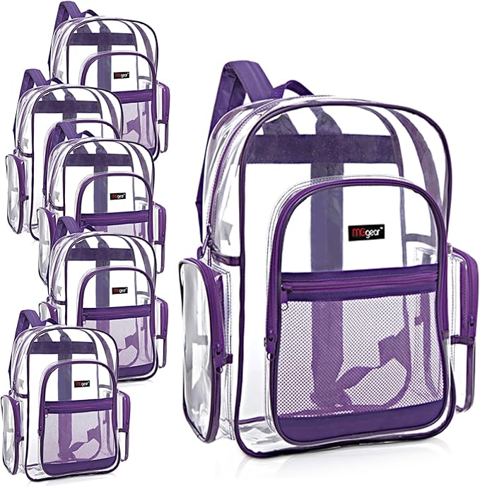 20-Pack Bulk Case Clear Backpack with Purple Trim Stitching, Wholesale 17.5-Inch Heavy Duty PVC Transparent Student Backpack for School Work Stadium Security Travel Sporting Events