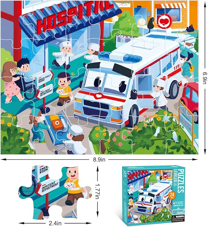 Puzzles for Kids Ages 3-6 Year Old,24 Pieces Jigsaw Puzzles for Toddlers & Children Ages 4-6,Educational Floor Puzzles with Storage Box for Gifts (Ambulance)