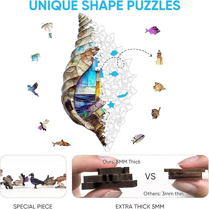 Wooden Puzzles, Shell Landscape Jigsaw Puzzles 200 Pieces, Unique Shaped Wooden Puzzle for Adults and Kids, Ghristmas Gift Family Game 15.2 x 8.3 Inch