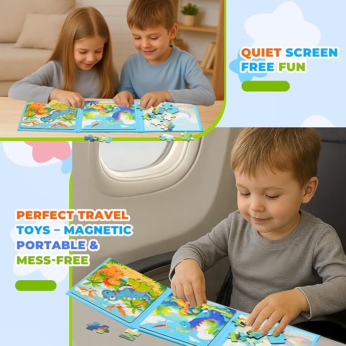 Dinosaur Puzzles Toys for Kids Ages 3-5, Magnetic Jigsaw Puzzles 3 Pack 25/30/36 Piece Travel Toys with Storage Bag,Dino Puzzles for Kids Birthday for 3 4 5 Year Old Boys Girls