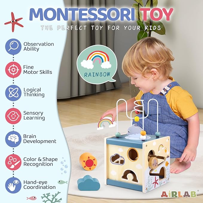 Wooden Activity Cube Montessori Toys for 1 Year Old Toddlers 12 Months + Toddler Learning Toys 1-3 Boys Girls Baby Sensory Interactive Birthday Gift