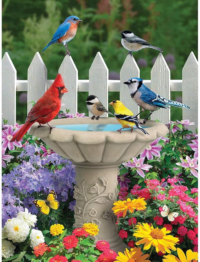 Bits and Pieces – 500 Piece Jigsaw Puzzle for Adults – Summer Garden Friends - Bird Bath Flower Fence Yard Outdoor Animal Jigsaw Puzzle by Artist Alan Giana, Completed Puzzle Size: 18" x 24"