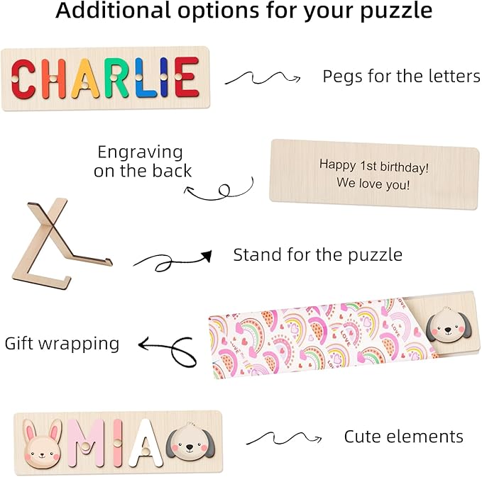 Personalized Name Puzzle - Custom Wooden Puzzle for Toddlers 1-3 - Unique Baby Shower, Christmas & 1st Birthday Gift for Boys and Girls - Keepsake Montessori Toy (Basic)