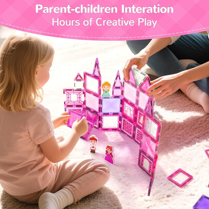 Diamond Magnetic Tiles Building Blocks – Princess Castle Pretend Play Toys with DIY Painting Set and Stickers for Kids 4 5 6 7 8 Year Old STEM Educational Birthday for Girls Boy