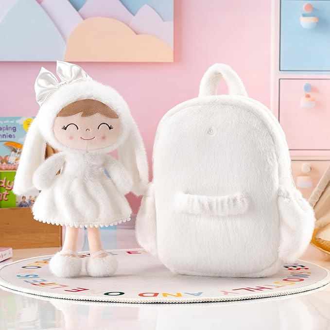 Gloveleya Toddler Backpack Plush Bag with White Bunny Detachable Design 11-inch Gift for Girl 2+...