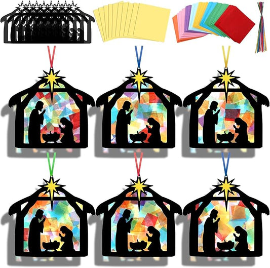 Eersida 32 Sets Christmas Nativity Suncatchers Craft Kit DIY Christianity Tissue Paper VBS Sunday School Craft Make a Nativity Tissue Paper Kit for Holy Night Christian Religious Lent Bible Window Art