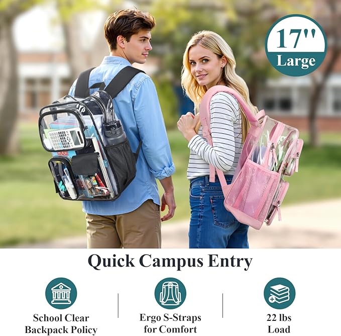 PACKISM Clear Backpack for School - 17 inch Large Heavy Duty Clear Bookbag, See Through PVC Backpacks (for age 12 above)