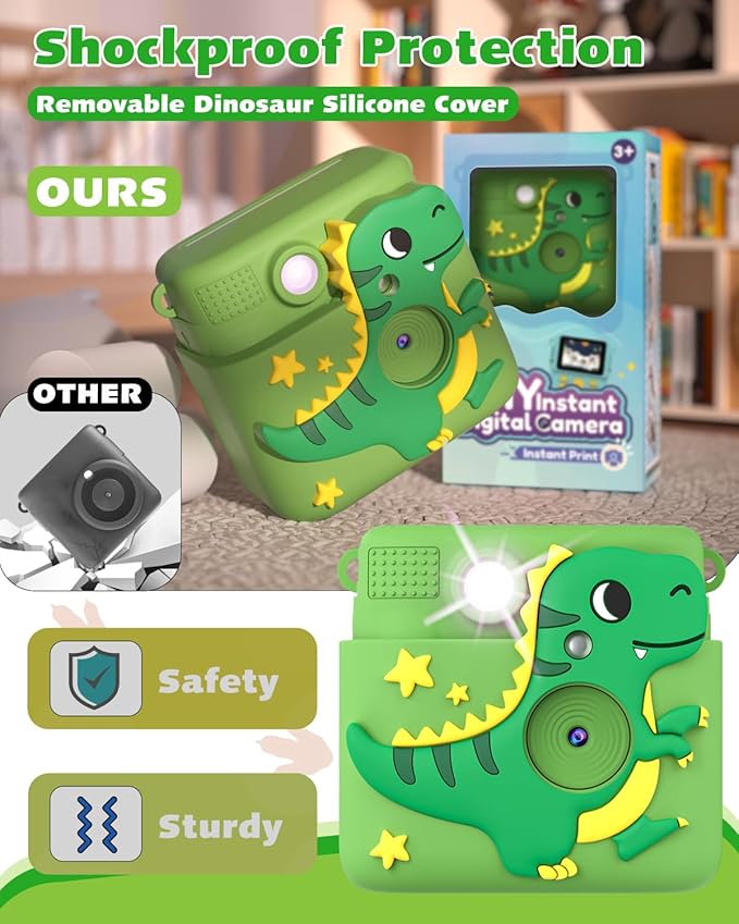 Kids Camera Instant Print, Dinosaur Toys for Boys 3 4 5 6 7 8 9 10 Years Old, 1080P Kids Digital Camera for Toddlers, Christmas Birthday Gifts for Boys Girls 3-12, 32GB SD Card, Green
