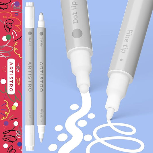 ARTISTRO 2 White Dual-Tip Acrylic Paint Pens - Multisurface Markers for Glass, Rock, Fabric, Wood, Plastic & More - 5mm Dot + 1mm Fine Tips