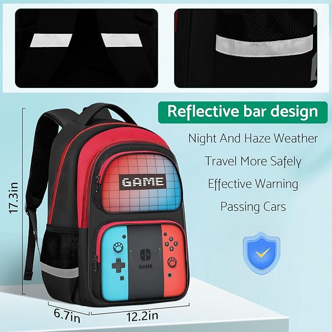 Kids Backpack For Boys,Gamer Boys Backpack For Children Teens Elementary Middle School, 17″ Students Bookbag