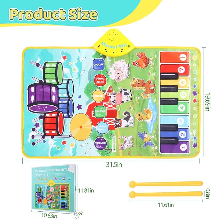 3-in-1 Musical Mats,Kids Floor Piano Drum Animal Music PlayMat,Montessori Sensory Early Educational Learning Toys for Baby,Girls Boys Infant Music,Birthday Christmax Toddlers Gifts 1 2 3 4 5 Years Old