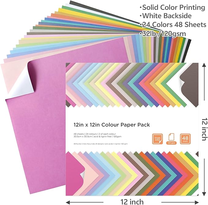 12x12 Scrapbook Paper 48 Sheets 120 gsm 32 lb Brights Pastels & Brights 24 Color Cardstock Paper for Cricut Maker, Scrapbooking, Paper Crafting