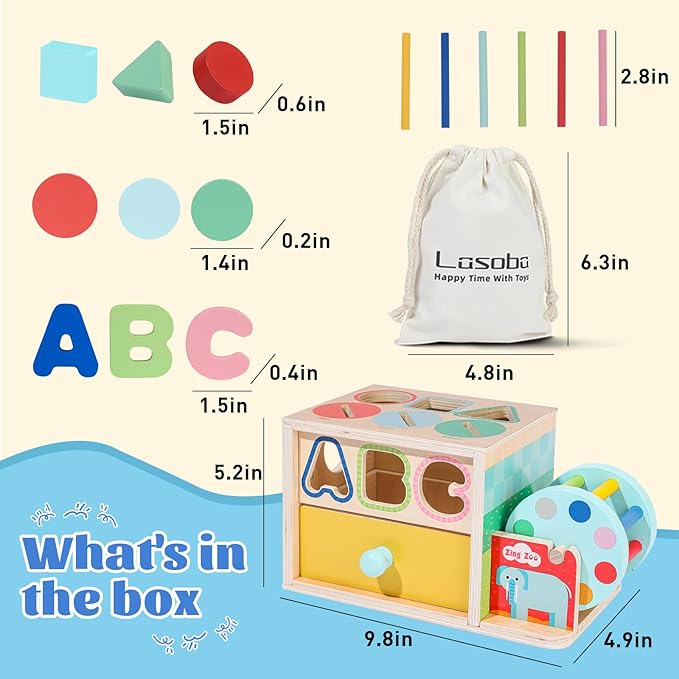 Toddlers Wooden Activity Cube Toys, 5-in-1 Montessori Toys for 3 Year Old Boys Girls, Shape Color Sorting Sensory Toy, Drawer Box Toy, Multipurpose Educational Learning for Baby