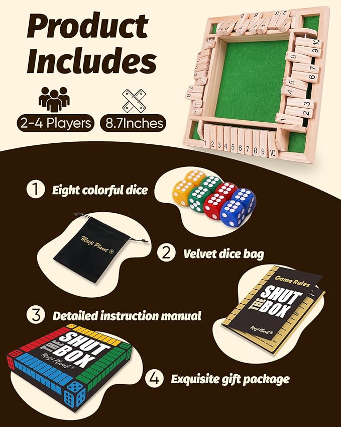 Classic Original Shut The Box Game, Math Dice Board Game for Family Night Classroom Travel, Wooden Tabletop Present for Group Kid Adult Senior, Camp Party Bar, Easy Quick and Fun, 2-4 Players