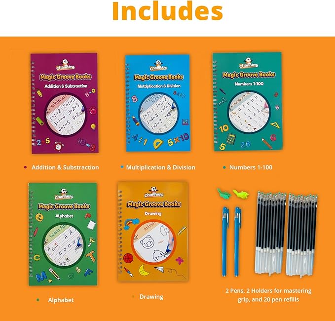 Channie’s Magic Groove Book Set, Kids’ Reusable Activity Books, Fun Workbooks for Homeschool or Extra Practice; Improve Handwriting Skills, Letter & Number Formation, Includes 5 Books