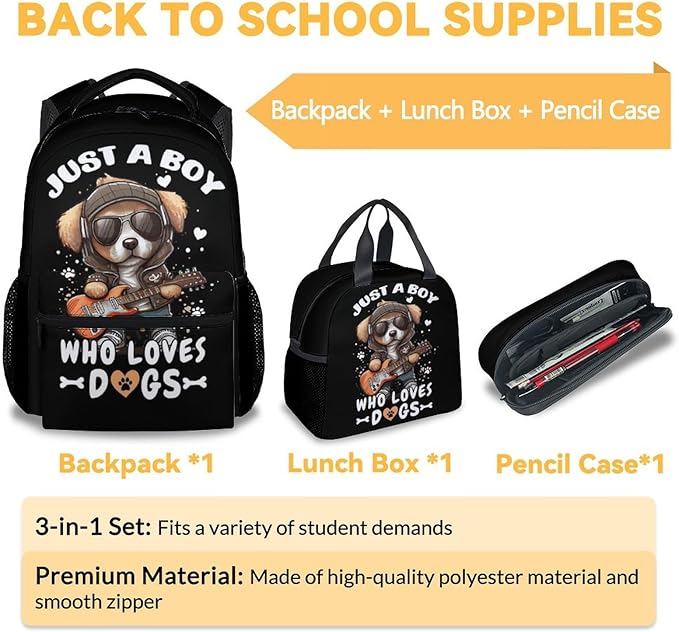 Dog Backpack with Lunch Box, Set of 3 School Backpacks Matching Combo, Cute Black Bookbag and Pencil Case Bundle