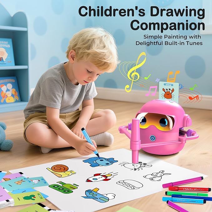 Drawing Robot for Kids with 100 Cards, Montessori Painting Learning Toys for 3 4 5 6 7 8 Year Old Boys Girls,Voice Interactive Early Learning Educational Drawing Toy Gift for Birthday Party