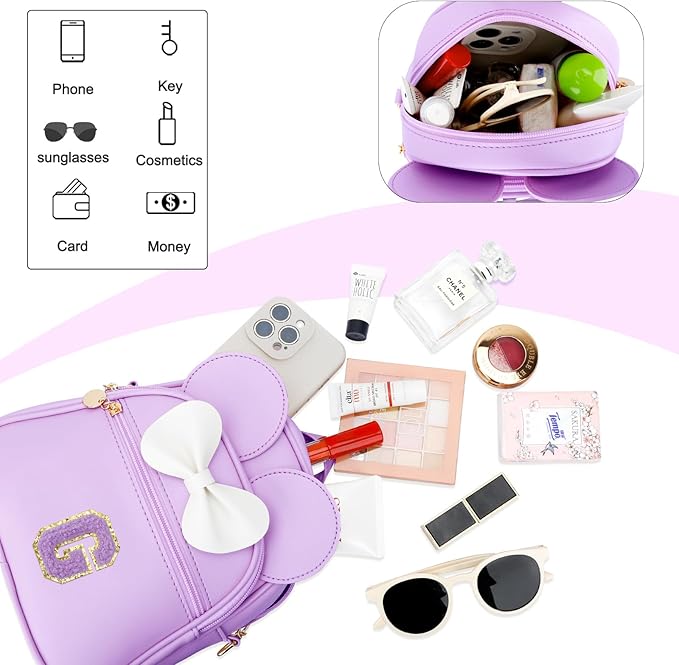 KKXIU Girls Initial Bowknot Cute Mini Backpack for Toddler, Travel Small Girl Backpacks, Personalized Trendy Stuff Gift for Little Girls and Kids(G, Purple)