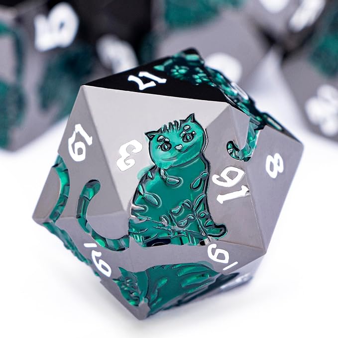 Metal DND Cat Dice 7PCS Polyhedral RPG Dice Set with Gift Case for Dungeons Dragons Role Playing Game, D and D Dice D6 D8 D10 D12 D20 D% (Green Black)