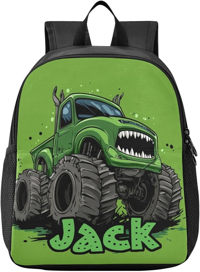 Monster Truck Green Toddler Backpack for Boys Girls 3-6 Bookbag for Preschool Small Kindergarten Elementary Backpackss for Kids for School