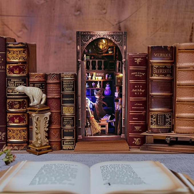 Magic Wizard Cat 3D Book Nook Kit, DIY Miniature House Booknook Dollhouse Kit for Adults and Teens, 3D Wooden Puzzle Bookend Bookshelf Insert Decor, Mini Magic House Model Build Gift