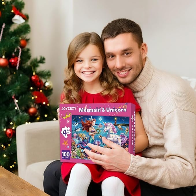 100 Piece Puzzles for Kids Ages 4-6-8, Mermaid and Unicorn Puzzles 100 Pieces for Kids, Underwater Scene Jigsaw Puzzle for Children Learning Educational Toys Gifts for Girls Boys