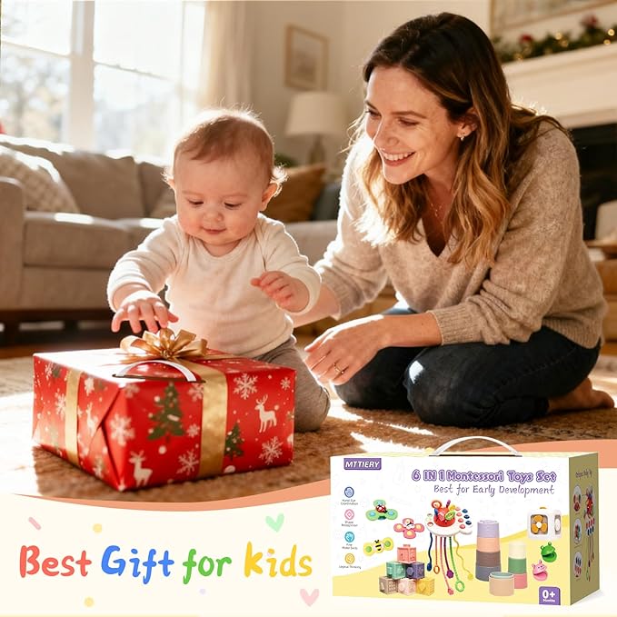 6 in 1 Baby Toys 0-6 Months, Montessori Toys for 6-12 Months, Infant Sensory Pull String Toy, Fidget Spinners Soft Buliding Blocks & Stacking Cups for Toddlers 1-3, Baby Gifts for Boys Girls