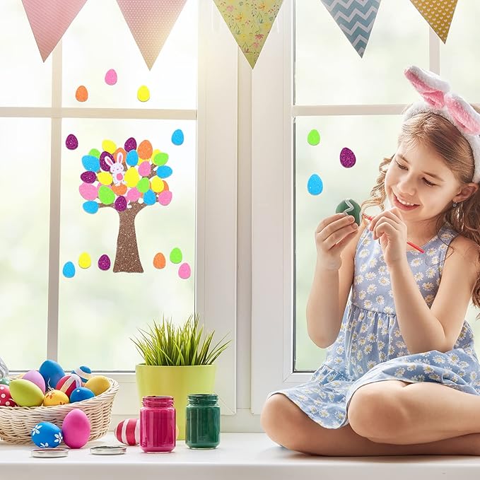 Woanger 224 Pieces Easter Foam Stickers for Craft Egg Bunny Rabbit Self Adhesive Tree Glitter Stickers for Kids Art Project Family Activity Easter (Egg)