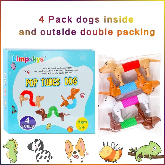 Dog pop Tubes fidgets, Travel Toys for Toddlers 3-5, Sensory Toys for Kids 5-7, fidgets for Kids, Animal pop Tubes, Easter Egg fillers,Easter Basket Stuffers(4 Pack Dog)