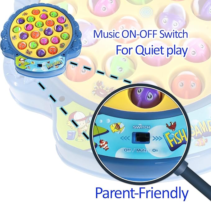 Haktoys Fishing Game Play Set Includes 21 Fish and 4 Fishing Poles on Rotating Board with Music On/Off Switch, Ocean Animal Sticker Book with Reusable Stickers | Board Game for 1-4 Players