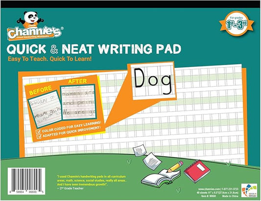 Channie's Quick & Neat Writing Pad, Practical Kids Handwriting Practice Workbook, 40 Color-Coded Double-Sided Worksheets for Easy Learning, Improves Penmanship & Writing Skills