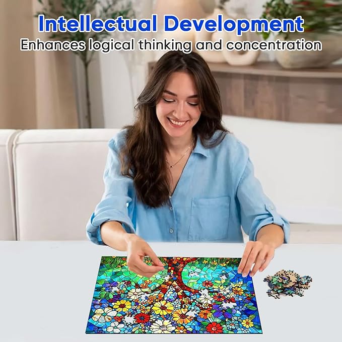 Wooden Puzzles for Adults, Life Tree Puzzles 200 Pieces, Unique Shaped Stained Glass Jigsaw Puzzles for Adults and Kids, Birthday Gifts Fun Family Game 11.8'' x 8.9''