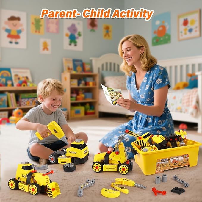 9 in 3 Take Apart Toys with Electric Drill Take Apart Truck Toys Construction Set DIY Engineering Building Toy Push Go STEM Toy Gift for Boys Toys Ages 4-7 Years Old Gift