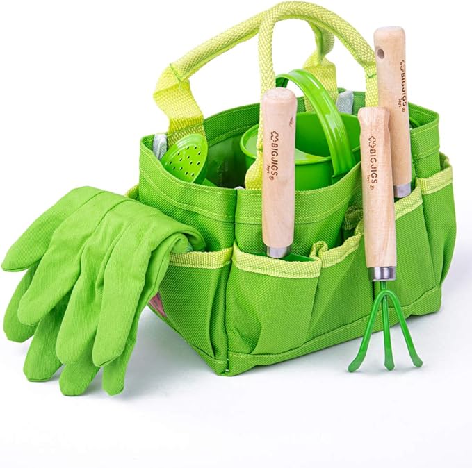 Bigjigs Toys Small 5 Piece Childrens Gardening Set with Bag, Garden Tools, Watering Can & Gardening Gloves - Fun Gardening for Kids, Quality Outdoor Toys