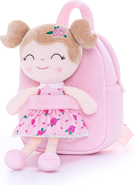 Gloveleya Toddler Backpack Baby Girl Gift Plush Bag Diaper Bag Plush Printed Flower Roses Backpack 9 Inches