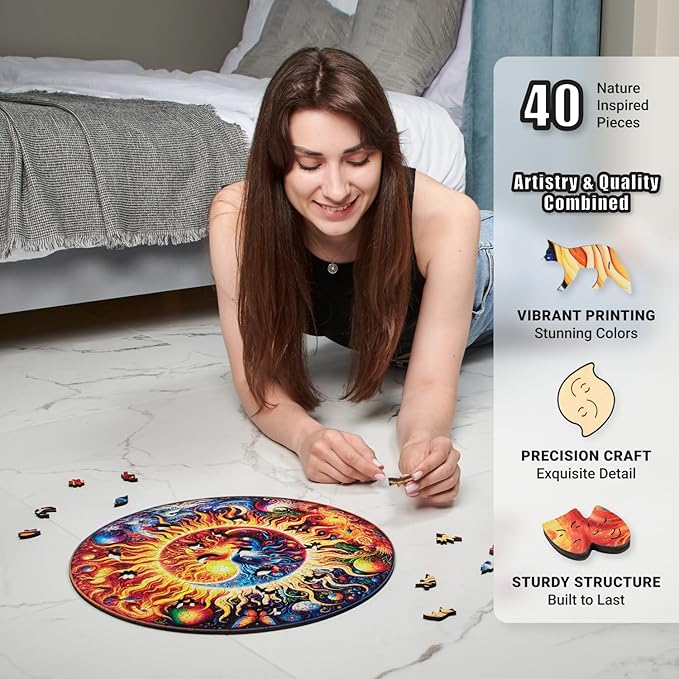 LEOGOR Wooden Jigsaw Puzzles for Adults 350 Pieces (14.9 × 14.9 in), Sun Moon Puzzle, Extra-Thick 5mm Wood, Round Mosaic Design with Unique Animal Shapes, Challenging Artistic Gift for Adults