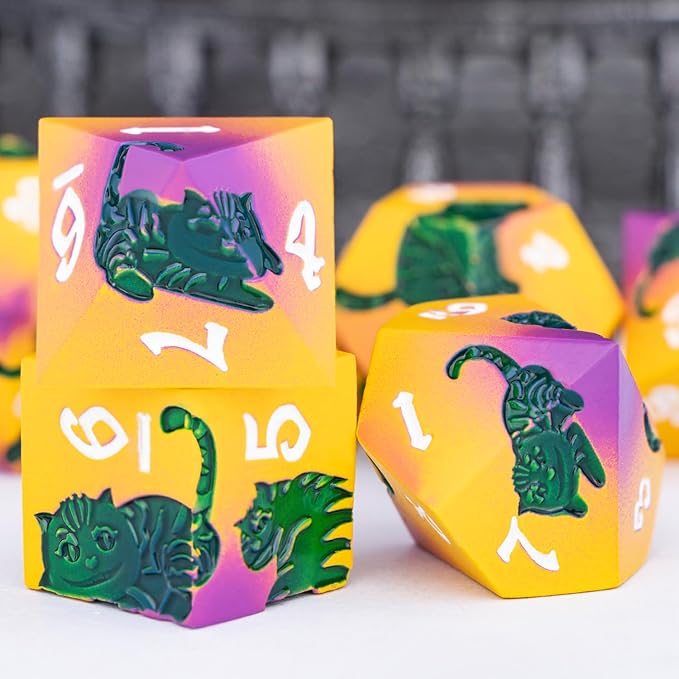 Metal DND Cat Dice 7PCS Polyhedral RPG Dice Set with Gift Case for Dungeons Dragons Role Playing Game, D and D Dice D6 D8 D10 D12 D20 D% (Yellow Green)