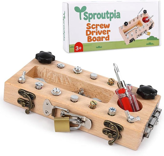 Screwdriver Board Set - Montessori Toys for 3 4 5 Year Old with Lock and Key, Wooden Sensory Toddler Screwd Tool Set