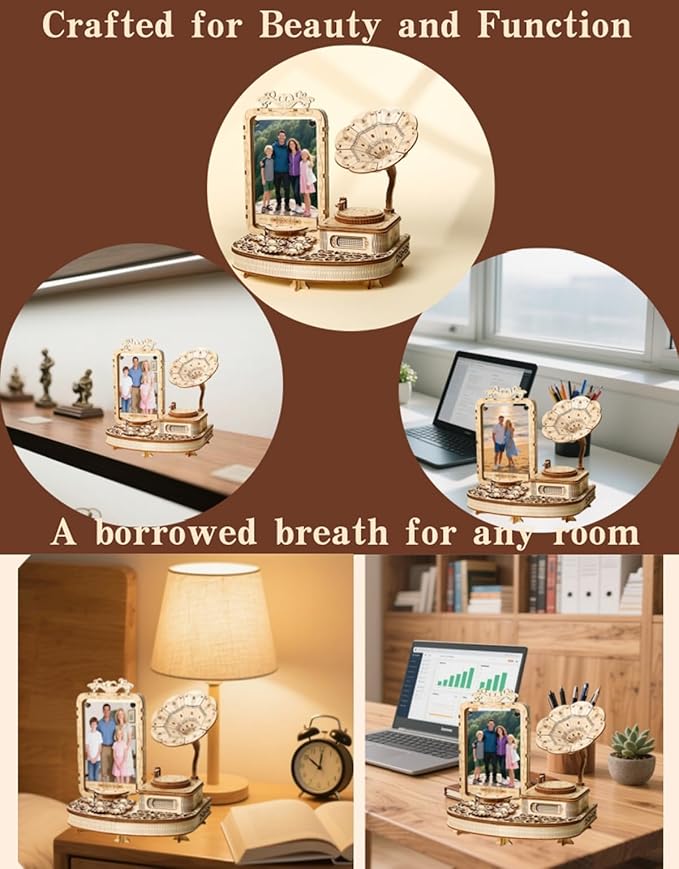 3D Wooden Puzzle Gramophone for Adults – DIY Mechanical Music Box Kit with LED Lights & Rotating Photo Frame, Creative Building Model Sets Gift for Teens, Men & Women