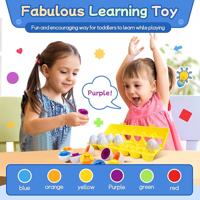 Tinabless Matching Eggs Toys 12 pcs Set Color & Shape Recoginition Sorter Puzzle for Toddlers, Christmas Easter Travel Game Early Learning Educational Gift for Year Old Kids